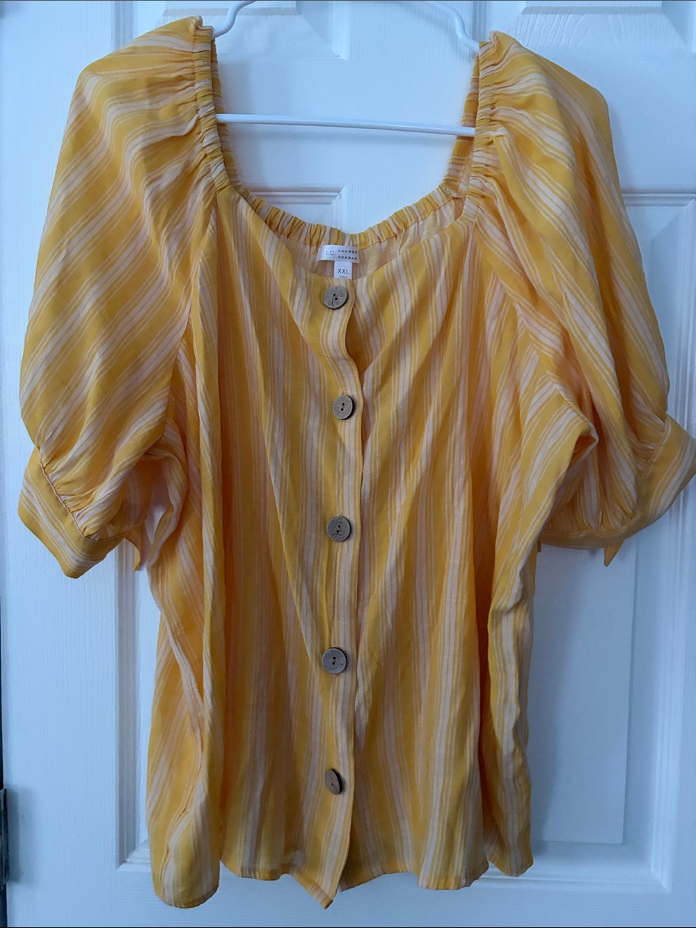 LC Lauren Conrad Yellow & White Striped Button-Front Blouse